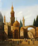 Austrian, A near pair of oil on canvas scenes of an Eastern city with temples and figures by Karl Kaufmann, oil on canvas, sold Aug 2021