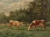 French, Cows feeding in a tree-lined meadow by Louis Darey, oil, sold Aug 2021