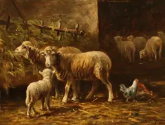 French, Sheep and chickens feeding in a barn interior by Albert Charpin, oil, sold Aug 2021