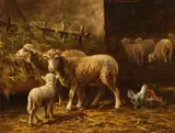 French, Sheep and chickens feeding in a barn interior by Albert Charpin, oil, sold Aug 2021