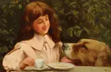 British, a young girl having tea with her newfoundland by Henry Macbeth-Raeburn, oil on panel, offered Aug 2021
