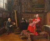 French, a seated cardinal having his portrait painted in a grand setting by Henri Brispot, oil on canvas, sold Aug 2021