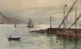 French, A scene of boats by a harbour wall by Edmond Marie Petitjean, oil on board, sold Aug 2021