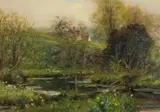 British, By the Stream oil on canvas laid down, 10 x 14 , Provenance: Bourne Gallery and Christies Studio Sale November 1984 by Frank Moss Bennett, oil on canvas, sold Aug 2021