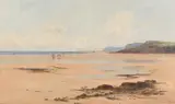 British, figures on a sandy cove with fishing boats and rocky headland beyond by Joseph Vickers de Ville, 1892, oil on canvas, offered Aug 2021