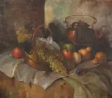 Danish, A still life of mixed fruit and copper on a tabletop by Carl Holger Fischer, oil on canvas, offered Aug 2021