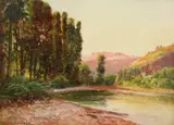 A mountain lake with hills beyond by Gaston Anglade, oil on board, sold Aug 2021