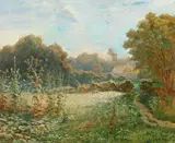 A country landscape with buildings beyond by Alexandre Nozal, oil on canvas, offered Aug 2021