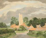 British, a scene of a church in a country village with a landscape verso by Hugh Boycott-Brown, oil on panel, sold Aug 2021