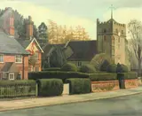 British, a country village with a church exterior by Brenda Johnston, oil on canvas, sold Aug 2021