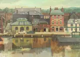 British, Buildings on the quay side with moored boats by Brenda Johnston, oil on canvas, sold Aug 2021