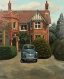 British, A Morris minor parked outside of a red brick building by Brenda Johnston, oil on canvas, sold Aug 2021