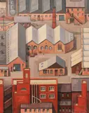 British, Factory Landscape by Brenda Johnston, oil on canvas, sold Aug 2021