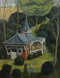 British, Figures conversing before a small cottage with figures in the field beyond by Brenda Johnston, oil on canvas, sold Aug 2021