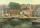 British, Weymouth Harbour , Buildings on the quay side with moored boats by Brenda Johnston, oil on canvas, sold Aug 2021