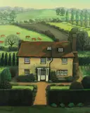 British, A country cottage with pastures beyond by Brenda Johnston, oil on canvas, sold Aug 2021