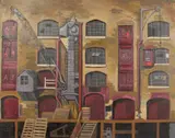 British, industrial building exterior by Brenda Johnston, oil on canvas, sold Aug 2021