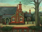 British, A child knocking on the door of a country house by Brenda Johnston, oil on canvas, sold Aug 2021