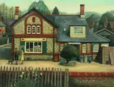 British, A scene of a country cottage with figures and a cat by Brenda Johnston, oil on canvas, sold Aug 2021
