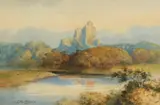 A view of castle ruins on a hilltop with a river and grazing sheep by J MacDiarmid, watercolour, offered Aug 2021