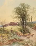 British, A shepherd and his flock by a pond by Thomas Roden, watercolour, sold Aug 2021