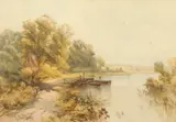 British, Boats moored in a river landscape with a bankside cottage by John Steeple, watercolour, offered Aug 2021