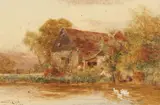 British, figures fishing in a river with a barn beyond by Walter Stuart Lloyd, watercolour, sold Aug 2021