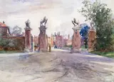 Gates to Hampton Coiurt Signed Watercolour over pencil 26 x 35cm; 10¼ x 13¾in ++Slight fading, one or two minor blemishes, good condition by Charles James Lauder, Watercolour over pencil, offered Mar 2015