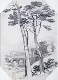 Stone pines with a viaduct by James Duffield Harding, pencil and chalk, sold Mar 2015