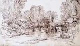 Bridge over a river with a distant castle Signed with initials and dated 1853 Pen and ink 10 x 17.5cm; 4 x 7in ++Some staining to paper by Francis Danby, 1853, Pen and ink, sold Mar 2015