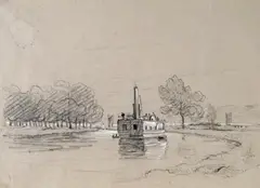 A bridge over a river Signed with initials by Henry Bright, 1832, drawing, sold Mar 2015