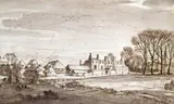 Country house and farm in an autumnal landscape Pen, brown ink and washes 17 x 27.5cm; 6¾ x 10¾in ++One or two minor blemishes, good condition by Derwent Lees, Pen, brown ink and washes, sold Mar 2015