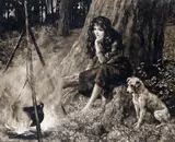Gypsy girl with a dog Signed in by Herbert Dicksee, Etching, published by Frost & Reed, offered Mar 2015