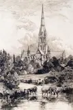 Salisbury Cathedral from the meadows Etching 64.5 x 44cm; 25.½ x 17¼in With an etching of a house by a river by Camille Foncé (2) ++1 by Edward Slocombe, Etching, sold Mar 2015