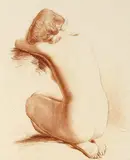 Kneeling nude, rear view Signed in pencil Drypoint etching 11.5 x 9.5cm; 4½ x 3¾in (plate size) ++Good condition by Jean Auguste Vyboud, Drypoint etching, sold Mar 2015