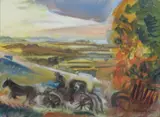 Powerstock Village, circa 1990 oil on canvas, framed, and Powerstock Village and East Chelborough two other oils by David Risk Kennard by David Risk Kennard, oil on canvas, sold Feb 2015