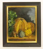 Still Leaf with Two Melons, 1998 oil on canvas, framed signed and dated, paper exhibition label to reverse 44 x 35cm by Joseph Sevier, oil on canvas, sold Feb 2015
