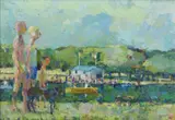 Walking by the Serpentine, 1986 oil on board, framed signed MW lower right corner 64 x 45cm by Michael Warren, oil on board, sold Feb 2015