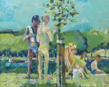 Sunbathing on the Serpentine, 1985 oil on board, framed signed MW lower right 56.5 x 45cm by Michael Warren, oil on board, sold Feb 2015
