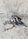 The picnic; The suitor (a pair) by Albert Ludovici Jnr, both signed 'Ludovici' (lower left), watercolour heightened with gouache, sold Feb 2012