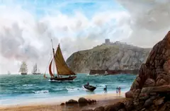 The harbours at Whitby and Scarborough, a pair by Robert Moore, one signed 'R Moore' (lower left), one signed 'Rbt Moore' (lower left); one bears label verso watercolours, sold Sep 2012