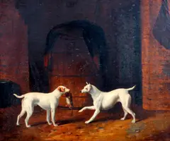 Two short haired fox terriers with catch by Henry Barraud, sold Sep 2012
