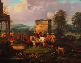 An elegant party returned from the hunt by Nicolaes Pieterszoon Berchem, indistinctly signed and dated 1818 (lower left) oil on panel, sold Sep 2012