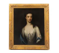 A portrait of a lady wearing grey dress and blue shawl, her long hair over the shoulder, in a feigned oval by Michael Dahl, oil on canvas, offered Jul 2012