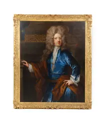 A portrait of 'Francis Lord Guildford Son of Francis Lord Guildford Ld. Keeper of the Great Seal of England in the reign of King Charles the Second', wearing blue frock coat and brown cloak, standing, three quarter length by Thomas Murray, In a good, antique probably original carved giltwood frame, offered Jul 2012