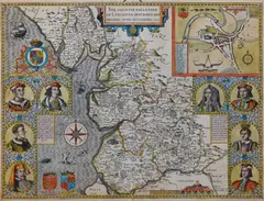 Lancashire by John Speed, engraved map, hand coloured with plan of Lancaster and medallions of monarchs, sold Jun 2012