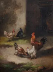 Chickens in a yard by Continental School, indistinctly signed 'Lemaire' (lower right) oil on canvas, offered Jun 2012