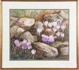floral landscape featuring spring crocuses by Wendy Scheirer, watercolor, sold Jun 2018