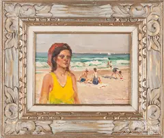 beach scene with figures by Wayne Morrell, oil on board, sold Jun 2018