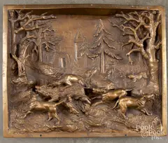 plaque in high relief of dogs attacking a wild boar by Prosper Lecourtier, bronze, sold Jun 2018